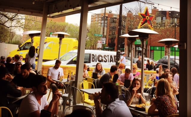 Outdoor dining area at Big Star restaurant in Chicago, filled with people enjoying food and drinks on a sunny day, with a bright yellow Big Star delivery van and a large red-and-yellow star sign visible in the background. Outdoor dining area at Big Star restaurant in Chicago, filled with people enjoying food and drinks on a sunny day, with a bright yellow Big Star delivery van and a large red-and-yellow star sign visible in the background.